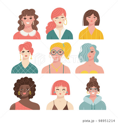 Weomen head portraits set. Diverse female faces of different age and race. Happy modern young and adult person avatars. Girls characters bundle. Flat vector illustrations isolated on white background Weomen head portraits set. Diverse female faces of different age and race. Happy modern young and adult person avatars. Girls characters bundle. Flat vector illustrations isolated on white background 98951214