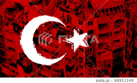 Turkey flag on the cracked earth. National flag of Turkey. Earthquake concept Turkey flag on the cracked earth. National flag of Turkey. Earthquake concept 98951349