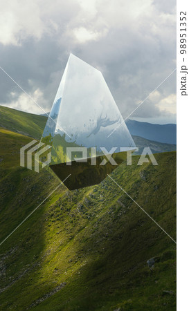 Beautiful landscape of green mountains in spring, summer with futuristic crystal figure design element. Wallpaper, background, poster 98951352