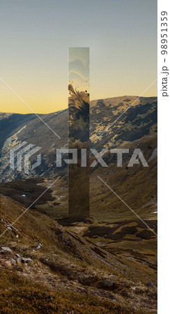 Sunrise aesthetics. Beautiful landscape of mountains with futuristic abstract design element. Wallpaper, background, poster Sunrise aesthetics. Beautiful landscape of mountains with futuristic abstract design element. Wallpaper, background, poster 98951359