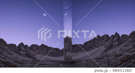 Abstract futuristic design element on mountain landscape at night with purple sky and new moon. Wallpaper, background, poster Abstract futuristic design element on mountain landscape at night with purple sky and new moon. Wallpaper, background, poster 98951360