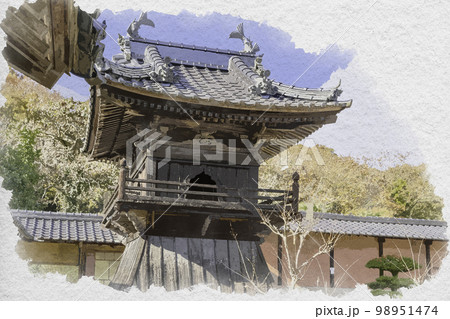 水彩画風 法泉寺 鐘楼 岡山県井原市 水彩画風 法泉寺 鐘楼 岡山県井原市 98951474