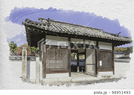 水彩画風　法泉寺　総門　岡山県井原市 98951493