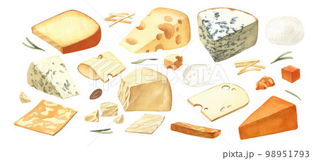 Watercolor different kinds cheeses with cutted pieces, milk dairy product. Delicious food hand-drawn illustration isolated on white background. Perfect for menu, recipe, label, packaging design. Watercolor different kinds cheeses with cutted pieces, milk dairy product. Delicious food hand-drawn illustration isolated on white background. Perfect for menu, recipe, label, packaging design. 98951793
