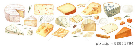 Watercolor different kinds cheeses with cutted pieces, milk dairy product. Delicious food hand-drawn illustration isolated on white background. Perfect for menu, recipe, label, packaging design 98951794