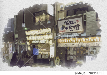 水彩画風　岡山駅東口　夜の飲食店　岡山県岡山市 98951808