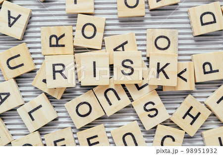 Word Risk surrounded by scattered wooden blocks with letters 98951932