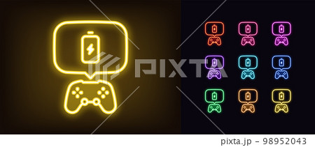 Outline neon game controller icon set. Glowing neon gamepad and bubble notice frame with battery charging sign, game joystick charge pictogram. Process of gamepad fast charging. 98952043