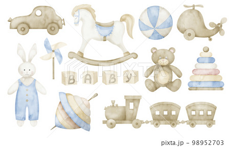 Baby Toys watercolor set with rocking Horse, teddy bear and bunny. Hand drawn illustration of car and train for child party greeting cards or invitations on isolated background in pastel colors. 98952703