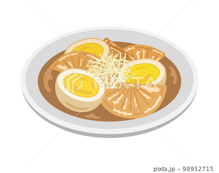 皿に盛り付けられた、玉子と大根の煮物のイラスト 98952715