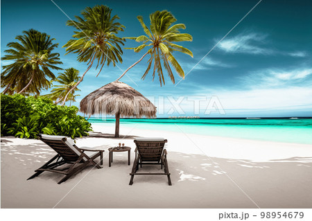 Chairs In Tropical Beach With Palm Trees On Coral Island 98954679