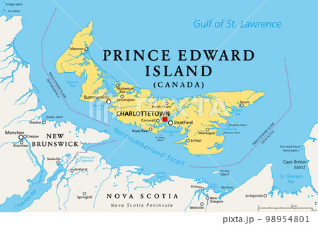 Prince Edward Island, Maritime and Atlantic province of Canada, political map. The Island, located in the Gulf of St. Lawrence, bordered to New Brunswick and Nova Scotia, with capital Charlottetown. 98954801