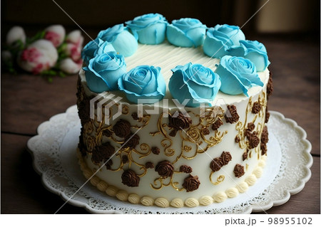 ケーキ バラ 青 デザート ウェディング プレゼント 愛 誕生日 98955102