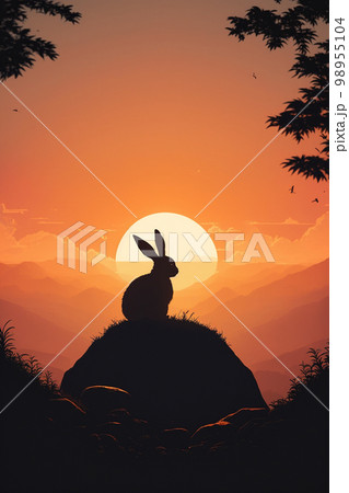 うさぎ 年賀状 正月 初日の出 卯年 干支 新年 98955104