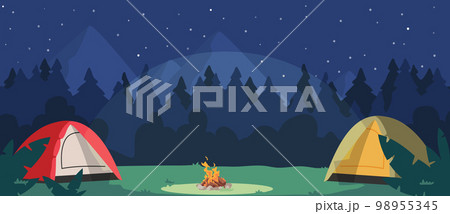 Night Camping With Tents And Campfire. Tourist Place In Dark Forest. Cozy Traveler Halt On Nature Landscape With Trees Night Camping With Tents And Campfire. Tourist Place In Dark Forest. Cozy Traveler Halt On Nature Landscape With Trees 98955345