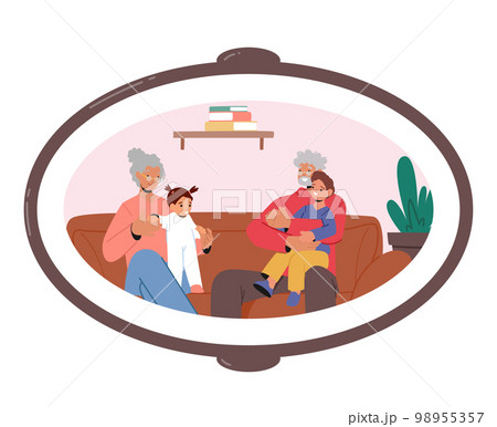 Family Photo In Frame With Happy Grandparents And Children Characters Spend Time Together At Home Vector Illustration 98955357