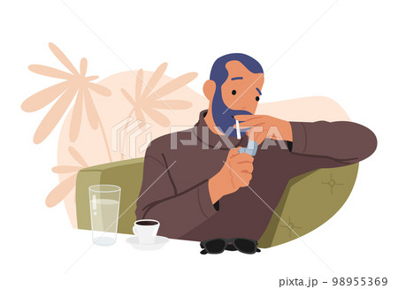 Man Smoking Cigarette, Inhaling Smoke Leisurely With Confident, Content Expression On Face. Male Character Illustration 98955369