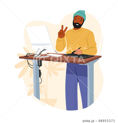 Graphic Designer Male Character Drawing With Stylus On Tablet Standing At Desk With Computer, Creative Man Work 98955371