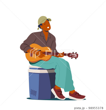 Man Sitting Singing Songs And Playing Guitar Isolated On White Background. Tourist Male Character Sparetime In Camp 98955378