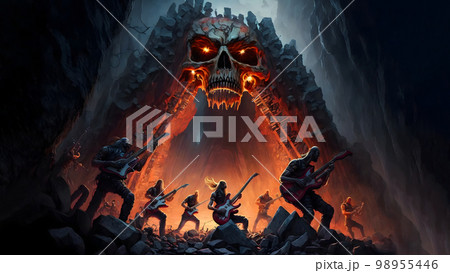 hellish heavy metal rock musicians band with electric guitars in rock world, neural network generated art 98955446