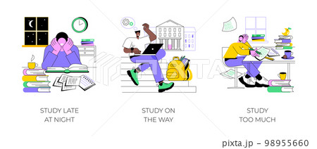 Preparing for exams isolated cartoon vector illustrations set. Study late at night, prepare for college classes on the way, nerd student study hard, pile of books, make homework vector cartoon. 98955660