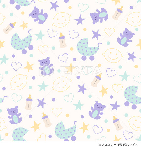 Cute baby seamless pattern for decoration, children's room, blankets, gifts, baby shower greetings. Baby toys and attributes in pastel colors 98955777