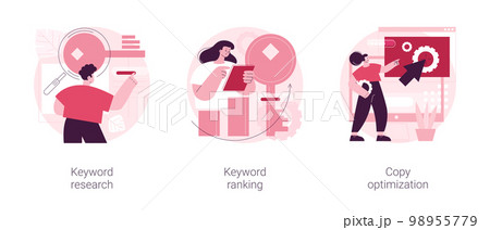 Professional SEO service abstract concept vector illustration set. Keyword research service and page ranking, copy optimization, successful web campaign, search engine, website abstract metaphor. 98955779