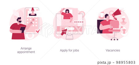 HR service abstract concept vector illustration set. Arrange appointment, apply for jobs, vacancies list, start career, company webpage, apply online, find job opportunity abstract metaphor. 98955803
