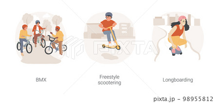 Extreme hobbies isolated cartoon vector illustration set. Teenage boy on bmx bike, freestyle scootering, riding kick scooter in skate park, girl riding longboard, urban longboarding vector cartoon. 98955812