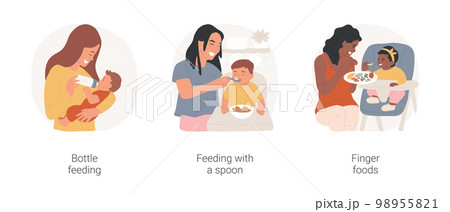 Baby meal isolated cartoon vector illustration set. Mom feeding the baby from the bottle, giving food from a spoon, child eating with fingers, trying new taste, childhood nutrition vector cartoon. 98955821