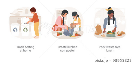 Garbage sorting isolated cartoon vector illustration set. Reduce reuse recycle, trash sorting at home, create kitchen composter, pack waste-free lunch, eco-friendly lifestyle vector cartoon. 98955825