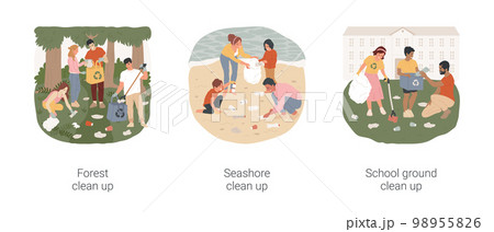 Outdoor clean up isolated cartoon vector illustration set. People collect trash in the forest, seashore clean up, picking rubbish in the school area, community volunteering vector cartoon. 98955826