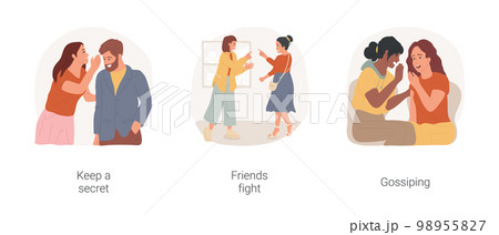 Friendship moments isolated cartoon vector illustration set. Keep a secret, person whispering in an ear, friends fight, emotional conversation, gossiping about friends, relation vector cartoon. 98955827