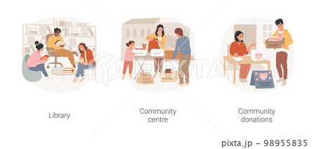 Community living isolated cartoon vector illustration set. People in a local library, sitting together in reading room, community center, charity and donations, volunteering vector cartoon. Community living isolated cartoon vector illustration set. People in a local library, sitting together in reading room, community center, charity and donations, volunteering vector cartoon. 98955835