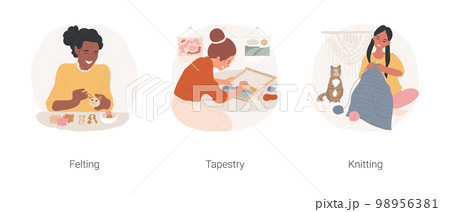 Craft hobbies isolated cartoon vector illustration set. Woman making needle felting, doing tapestry, knitting a blanket, having creative hobby, stay home hands-on activity vector cartoon. Craft hobbies isolated cartoon vector illustration set. Woman making needle felting, doing tapestry, knitting a blanket, having creative hobby, stay home hands-on activity vector cartoon. 98956381