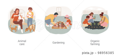 Nature-related hobbies isolated cartoon vector illustration set. Children feed domestic animals, family gardening together, backyard garden, organic farming, grow vegetables vector cartoon. 98956385