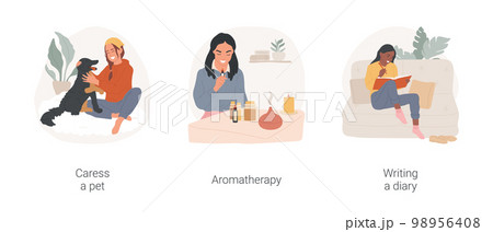 Relaxation methods isolated cartoon vector illustration set. Woman caressing pet, relaxing at home, emotional self-regulation, aromatherapy, inhale essential oil, writing diary vector cartoon. 98956408