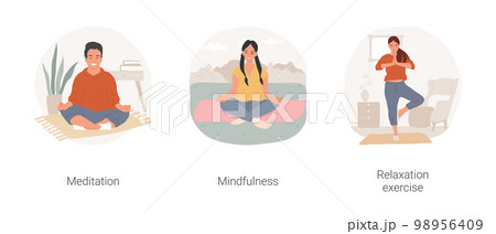 Stress management isolated cartoon vector illustration set. Person practice mindfulness, sit in meditation pose, keeping hands in mudra gesture, relaxation exercise, manage emotions vector cartoon. 98956409