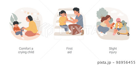 Child injury treatment isolated cartoon vector illustration set. Parent comfort crying child, home first aid, puts bandage, treating childs wound, slight injury, patch on elbow vector cartoon. 98956455
