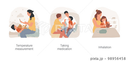 Seasonal flu isolated cartoon vector illustration set. Temperature measurement, child taking medication, give syrup on a spoon, home inhalation procedure, cold and flu treatment vector cartoon. Seasonal flu isolated cartoon vector illustration set. Temperature measurement, child taking medication, give syrup on a spoon, home inhalation procedure, cold and flu treatment vector cartoon. 98956458