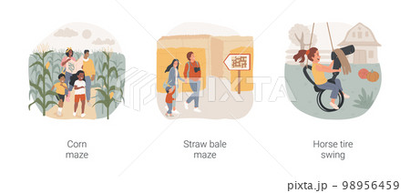 Family outdoor fun activities isolated cartoon vector illustration set. Parents and kids walk together in a corn maze, labyrinth made with straw bales, child in diy horse tire swing vector cartoon. 98956459