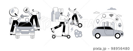 Urban transportation abstract concept vector illustration set. Carsharing service, urban electric transport, autonomous car, rental service, city lifestyle, self-driving vehicle abstract metaphor. 98956480