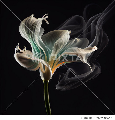 Contours of beautiful white lily flower in smoke on black background, fantastic magic background, unusual beautiful wallpaper 98956527