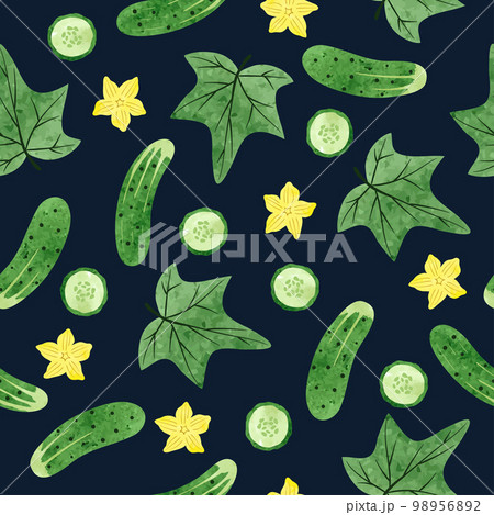 Seamless watercolor cucumber pattern. Vector green vegetable background 98956892