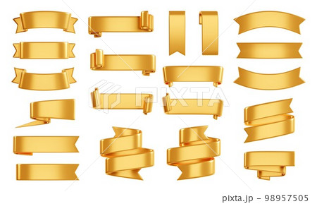 Golden ribbon banner 3d render - set of gold glossy text box for sale or discount promotion sign. 98957505