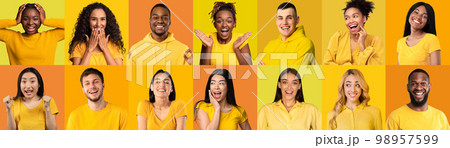 Emotional multiethnic millennials in yellow having fun on colorful backgrounds Emotional multiethnic millennials in yellow having fun on colorful backgrounds 98957599