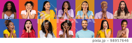 Stylish multiethnic millennials sharing positive emotions, collage 98957646