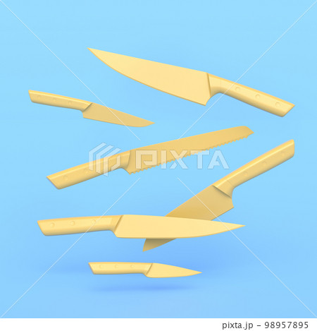 Set of fluing chef kitchen knives with a wooden handle on monochrome background. Set of fluing chef kitchen knives with a wooden handle on monochrome background. 98957895