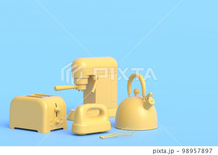 Espresso coffee machine, hand mixer, kettle and toaster on monochrome background Espresso coffee machine, hand mixer, kettle and toaster on monochrome background 98957897