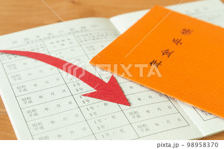 年金手帳と下降矢印　年金制度　老後　年金生活 98958370